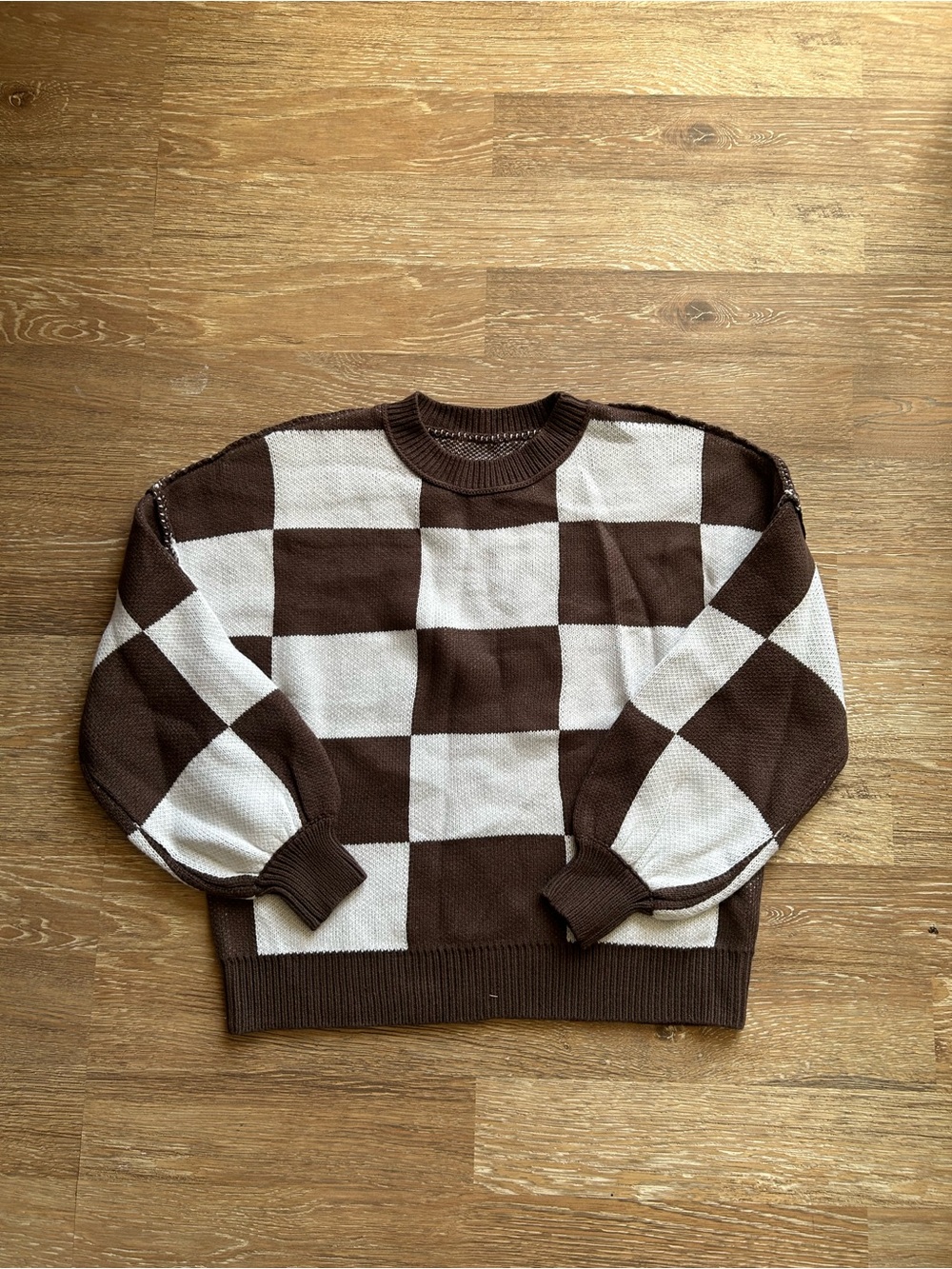 Women’s Checkerboard Crewneck Sweater - Brown & Cream